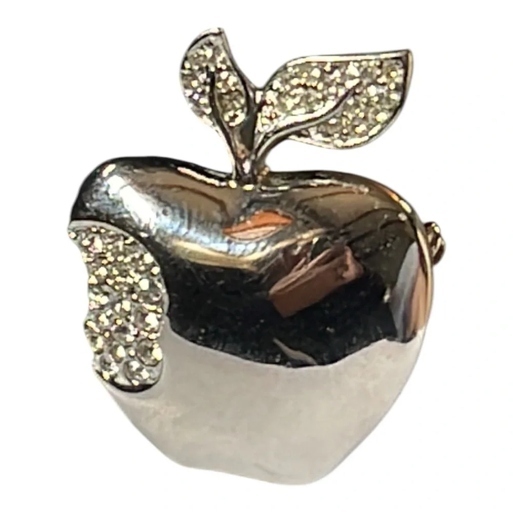 Silver and Rhinestone Apple Brooch - Picture 6 of 7